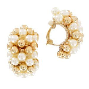 Vintage White and Gold Tone Faux Pearl Clip On Huggie Hoop Earrings